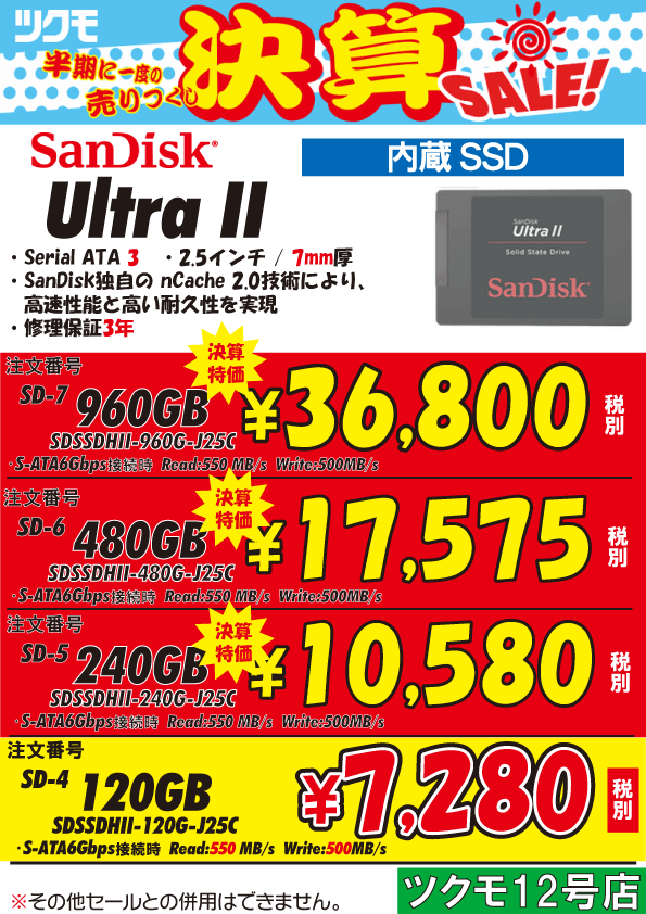 Sandisk製SSDを決算特価にて販売中!! - 12号店 - 最新情報