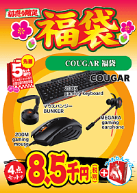 <font color=red><b>COUGAR 福袋</b></font></br>
200M gaming mouse
200K gaming keyboard
BUNKER
MEGARA gaming earphone <font color=red><b>つくもたんグッズ付き！</b></font>
COUGARのマウス・キーボード・マウスバンジー・イヤフォンのオトクな4点セット！